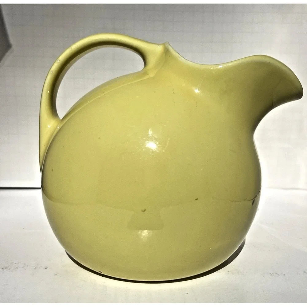 Ball Pitcher Hall China Yellow Ice Lip Mid Century 64 oz Ceramic Vintage Server